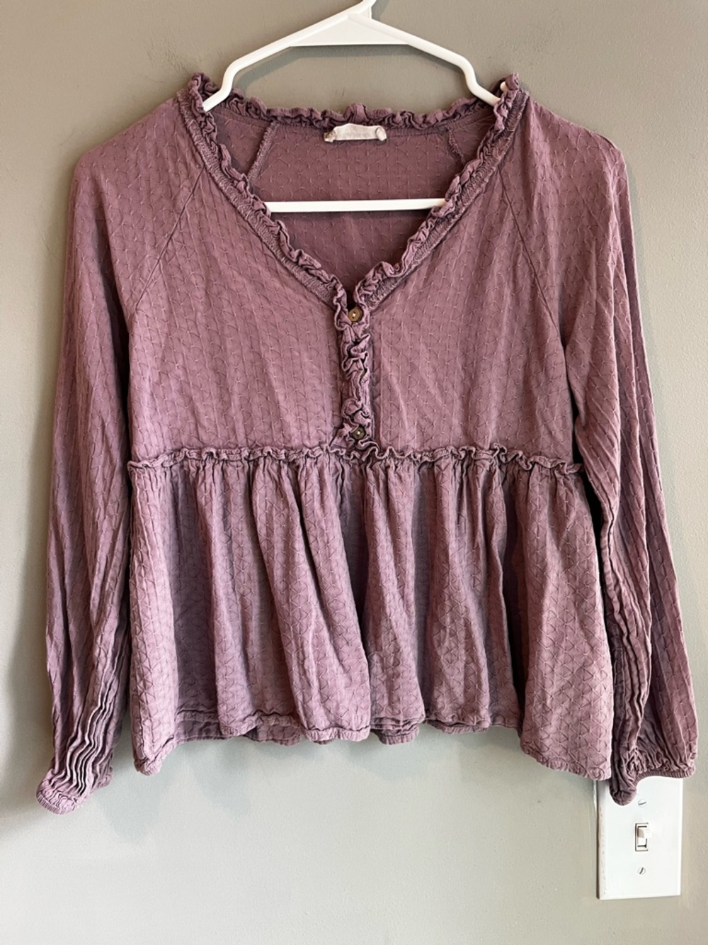 Altar'd State Dusty Mauve Ruffle Peplum Long-Sleeve Blouse